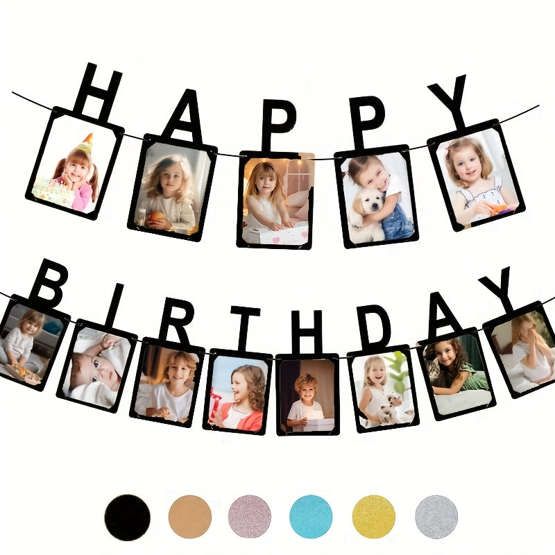 Decorative Birthday Photo Banner, Birthday Party Flag, Photo Wall Decorations, HAPPY BIRTHDAY Banner With String