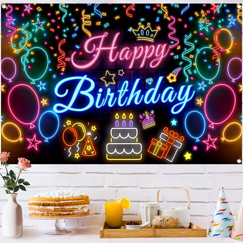 1Pc Neon Glow Happy Birthday Banner, Polyester Party Decoration Backdrop, Vibrant Balloon and Neon Light Design, Ideal for Birthday Celebration, Wedding & Bridal Shower – Power-Free Festive Decor